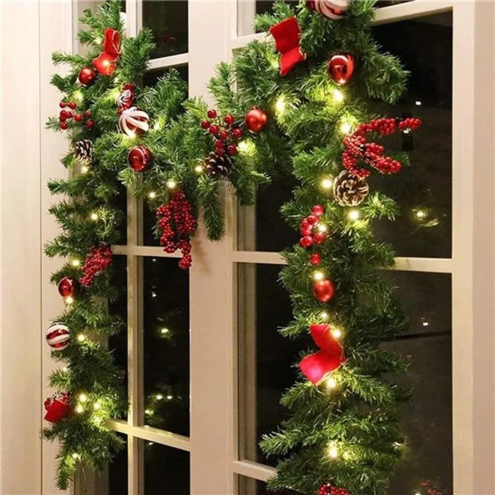 9 FT LED Christmas Garland with Pinecones Red Berries Bows Christmas Balls